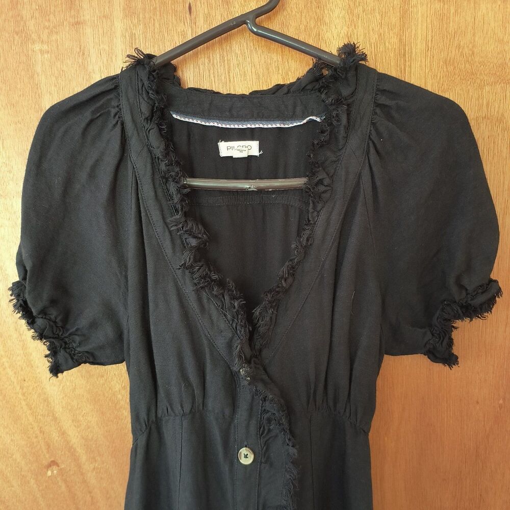 Anthropologie Pilcro Dress Size 0 Black Linen Fringe Buttons Midi Boho Cottage